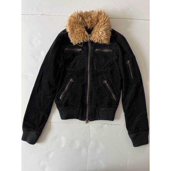 Iris Aviator Corduroy Bomber Jacket Trucker Biker Women S Black Zipper Pockets - Picture 1 of 10